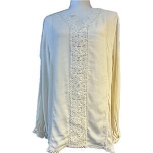 Soft Surroundings Lacy Boho V-Neck Long Sleeve Top Women Size L Cream with Lace